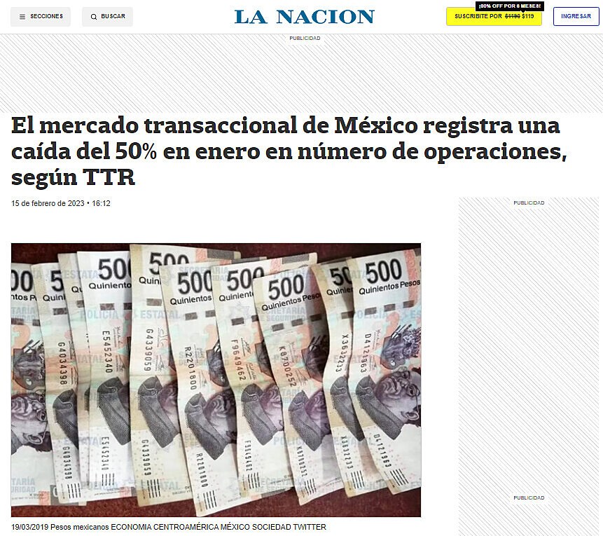 El mercado transaccional de Mxico registra una cada del 50% en enero en nmero de operaciones, segn TTR
